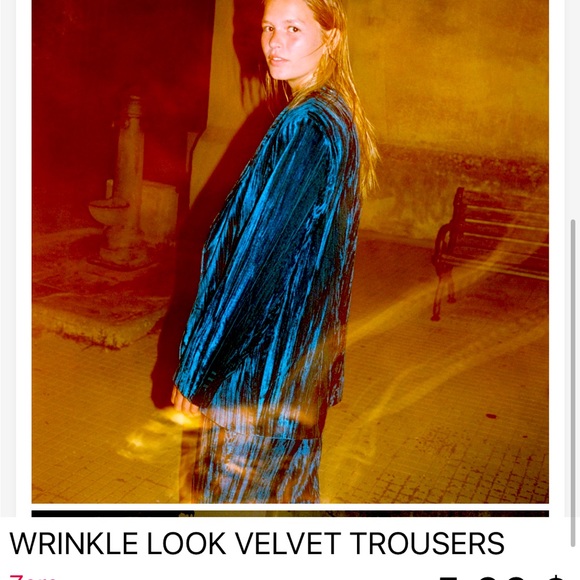 ZARA New Wrinkled Effect Velvet Pants S Gorgeous Rich Teal - Picture 3 of 3